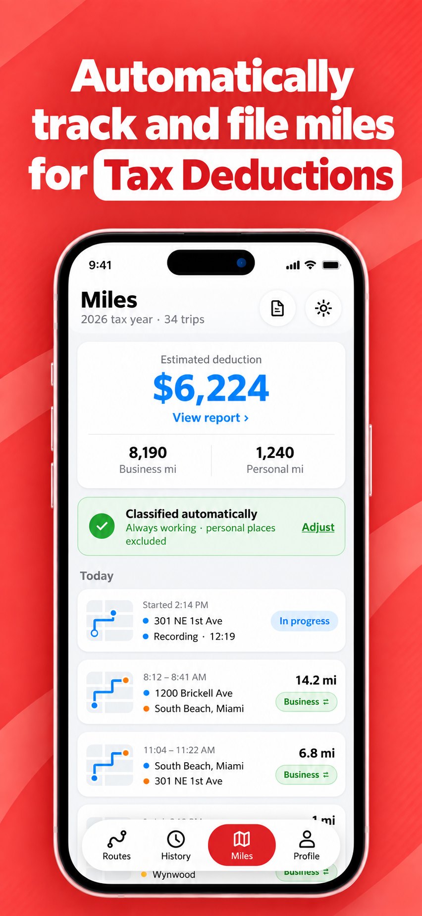 Automatically track and file miles for Tax Deductions — MileBack app showing an estimated deduction of $6,224, business and personal miles, a drive being recorded and today's classified trips